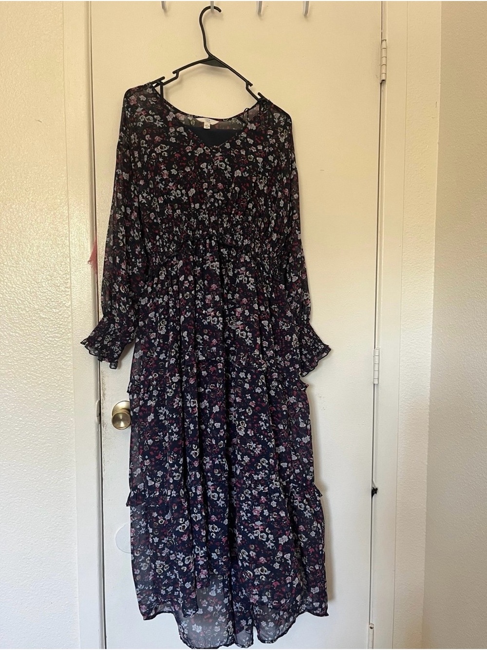 Floral Long Sleeve Midi Dress in Black with Pink Accents